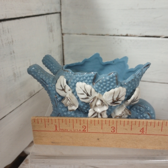 Vintage Pottery Wheelbarrow Planter Blue Silver Ceramic, Flowers, Succulents - Picture 11 of 12